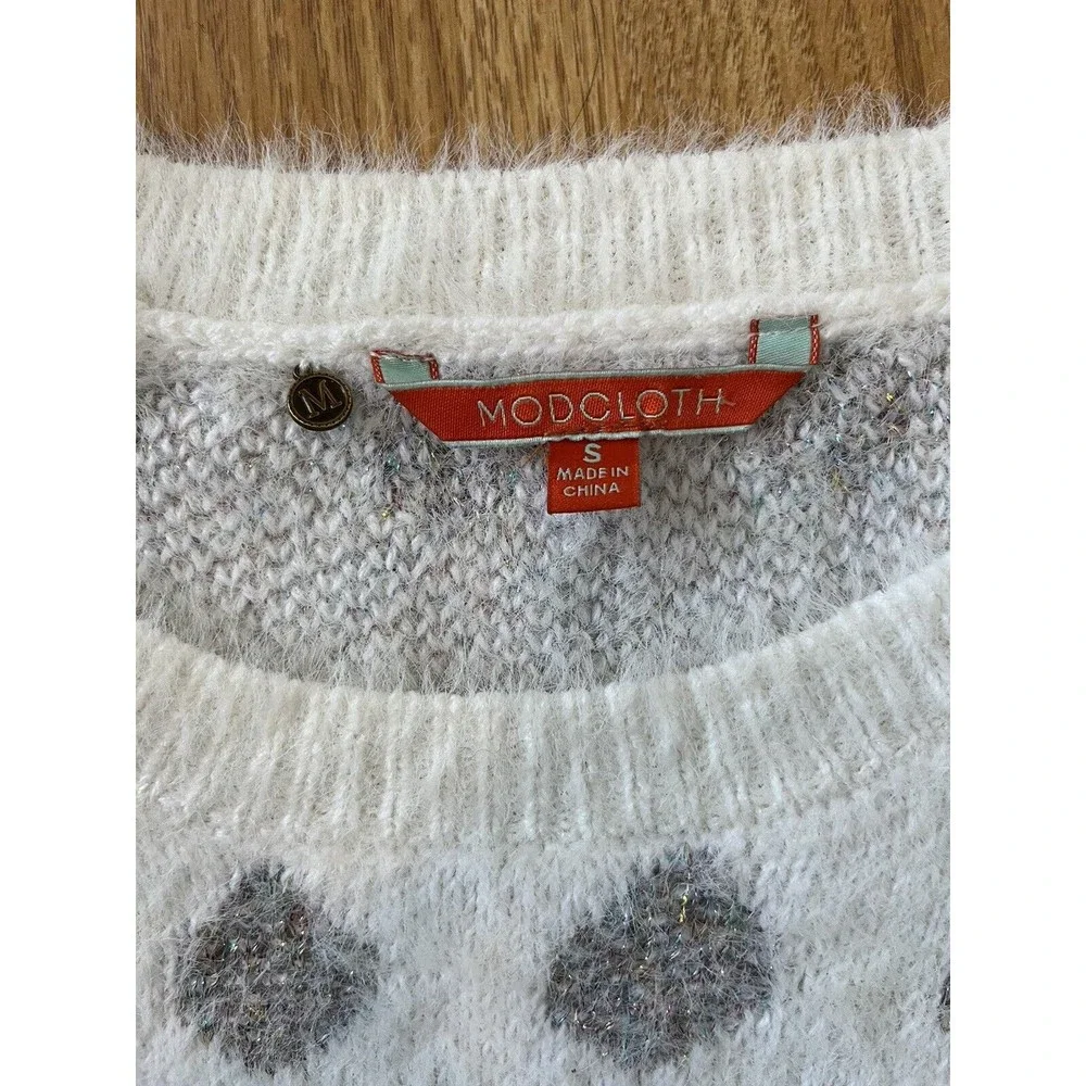 Modcloth White with Metallic Multicolored Polka Dot Fuzzy Sweater Size S…